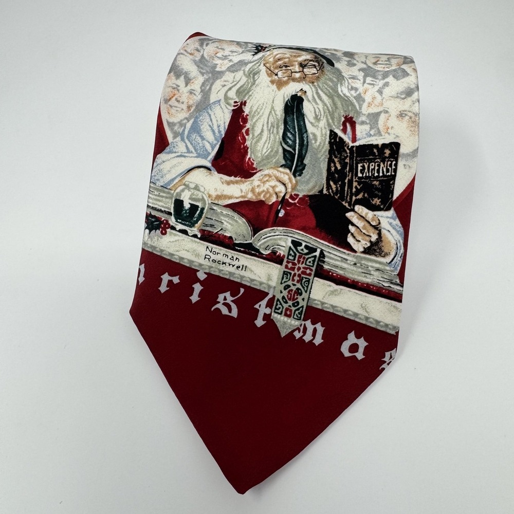 Vintage‎ Norman Rockwell Tie Mens Red Santa Christmas 90s Novelty Necktie